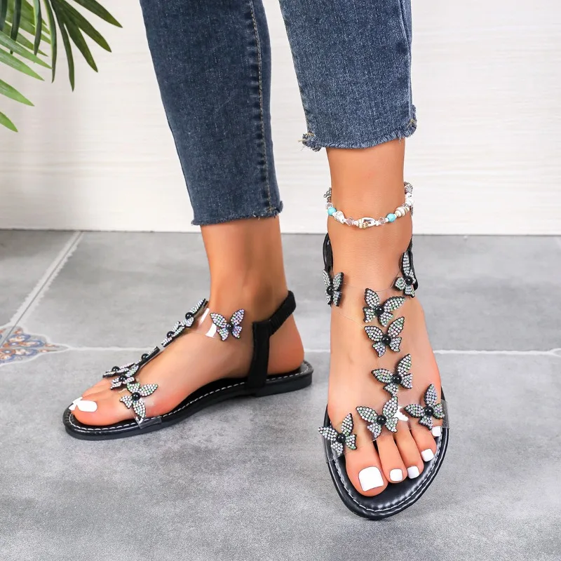 Women\'s Shoes 2024 New Elastic Band Women\'s Sandals Summer Dress Sandals Women Crystal Butterfly Open Toe Plus Size Shoes Women