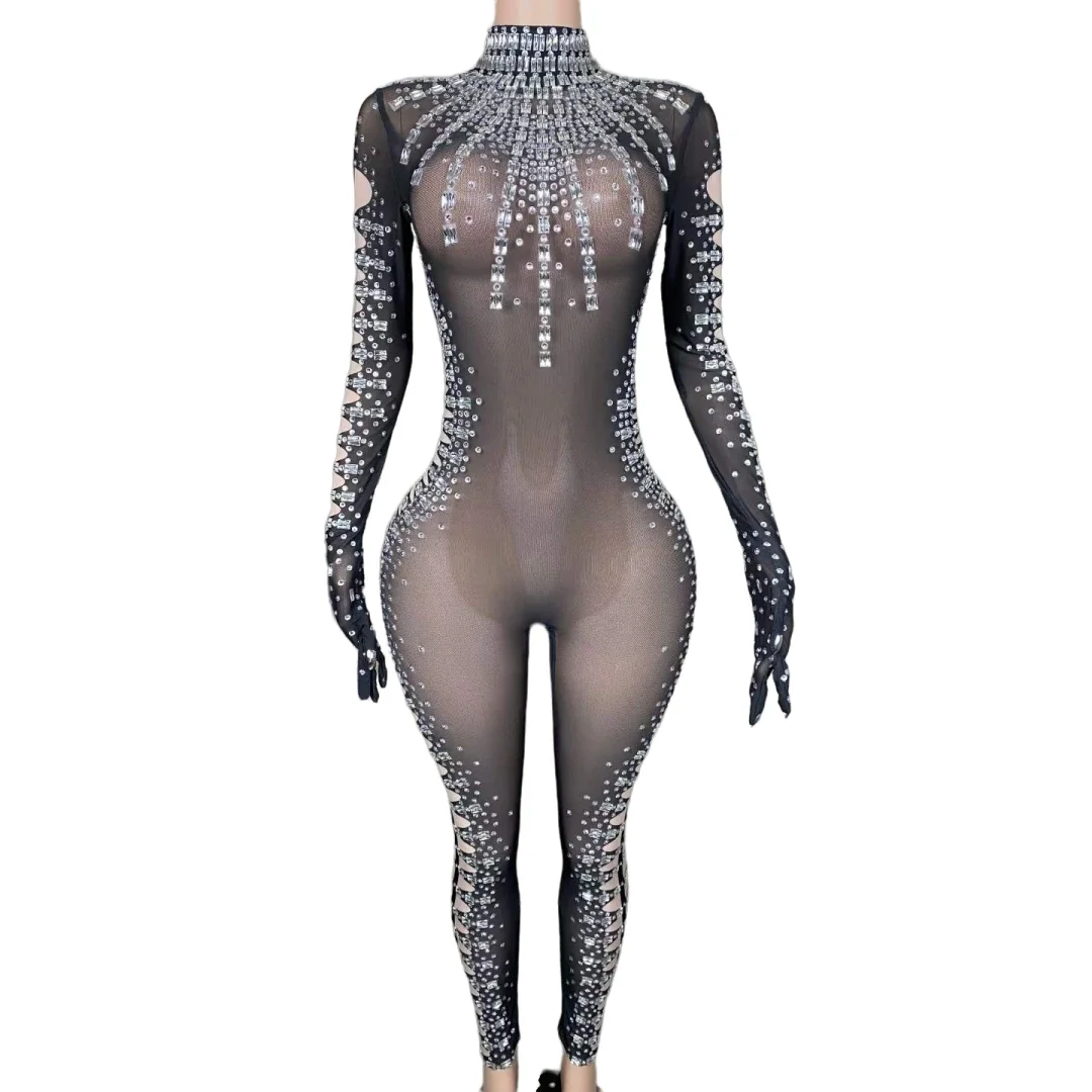 

Singer Dancer Stage Wear Costume Performance Sparkly Drag Queen Outfit With Gloves Crystals Stretch Women Spandex Jumpsuits