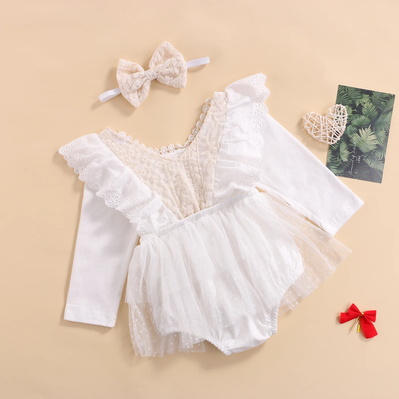 Spring Fall Newborn Baby Girls Romper Outfits Ruffle Long Sleeve Floral Lace Mesh Tutu Jumpsuit with Headband