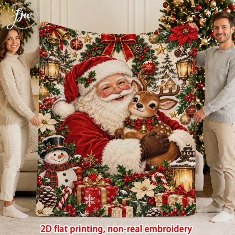 Christmas Santa Claus Reindeer Flannel Throw Blanket, Xmas Wreath Gift Pine Cone Element Soft Lightweight Plush Blanket