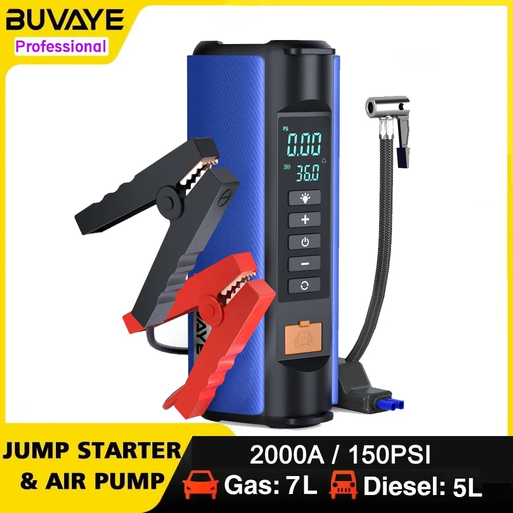 BUVAYE Car Jump Starter Air Pump 4 in 1 Portable Air Compressor Tire Inflatable Pump Auto Battery Starter Lighting with EVA Bag