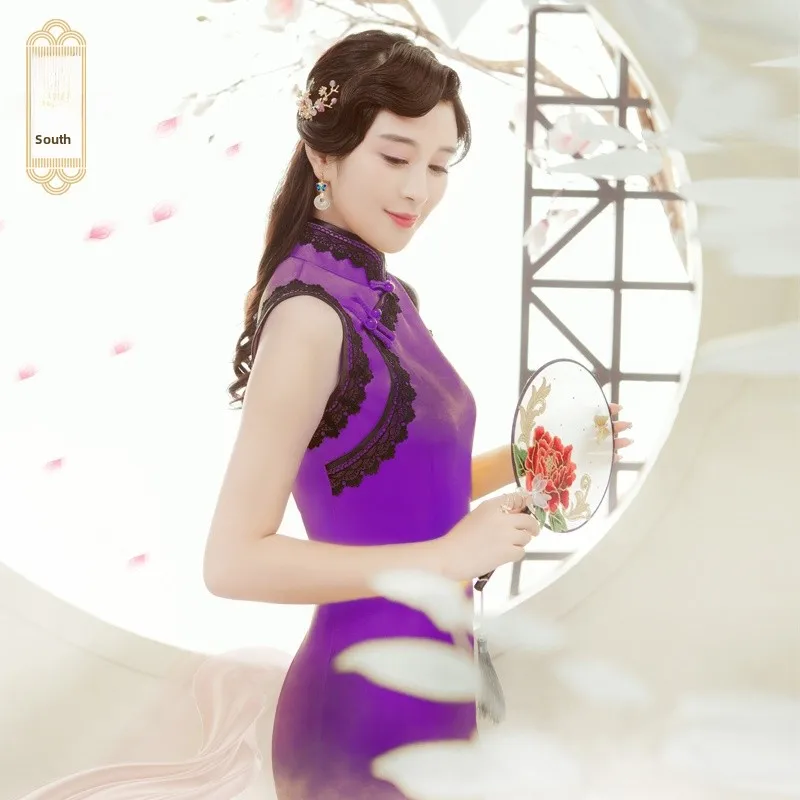 

Spring Long Gown Purple Svel High End Revamped Traditional Chinese Costume for Women 35 Years And above