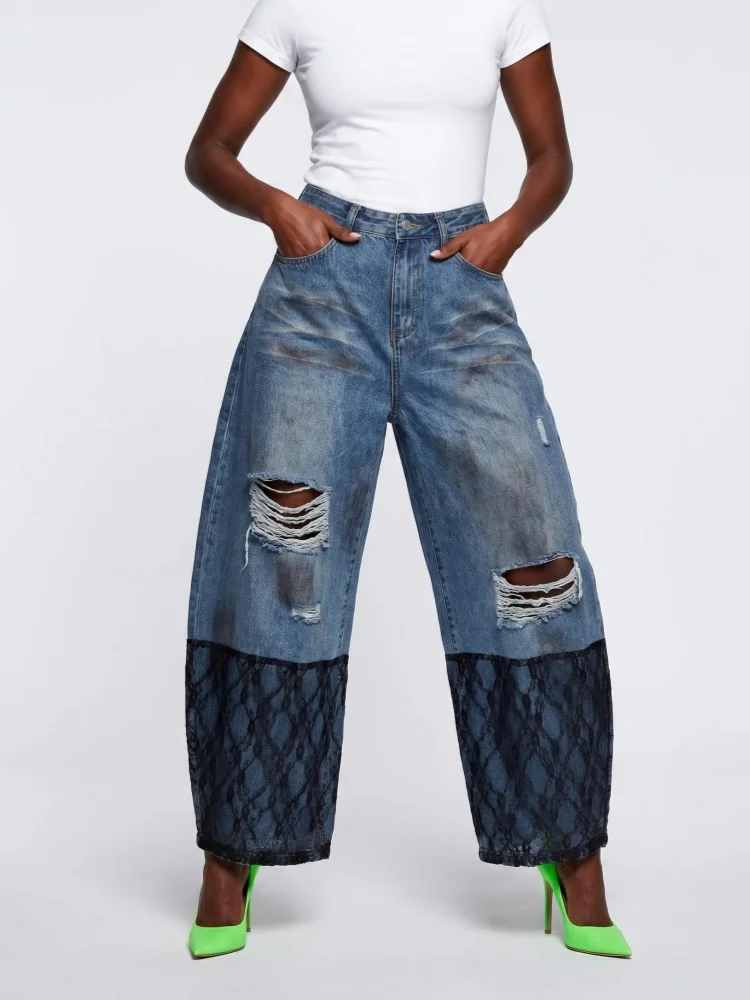 2026 American Retro Y2K Style Lace Patchwork Washed Blue Baggy Stacked Jeans Pants For Women Clothing Wide Leg Denim Trousers