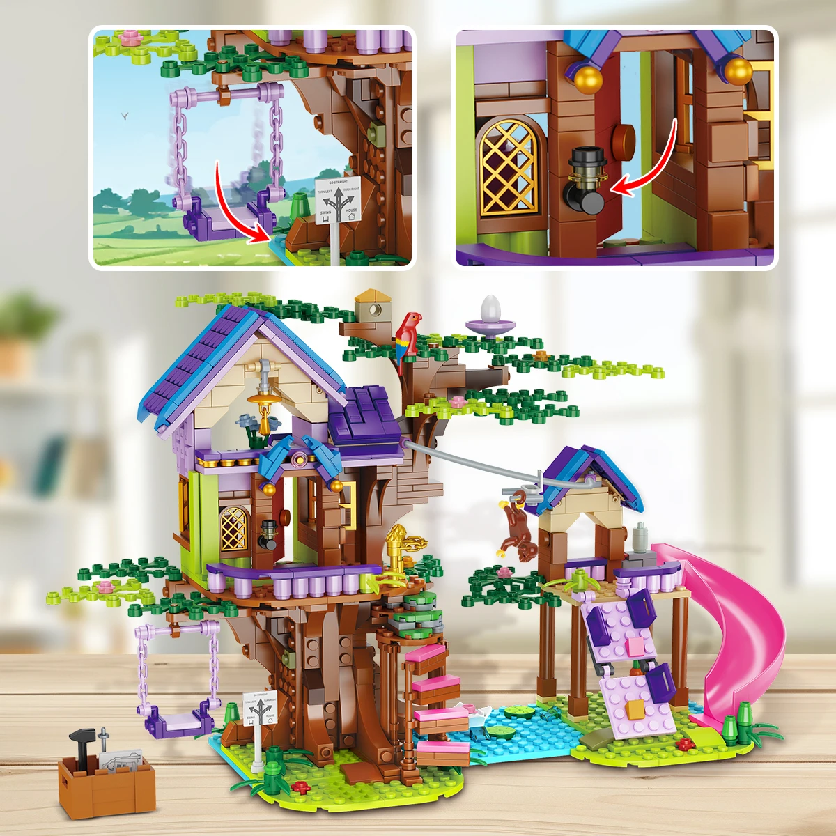 Ensemble de construction de cabane dans les arbres avec LED, jouet de bateau de chia, kit de nuits de construction de maison forestière, cadeau pour les enfants de 6 ans et plus