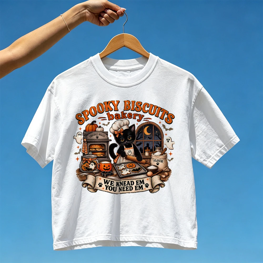 Halloween Black Cat Baker T-Shirt Spooky Biscuits Bakery We Knead Em You Need Em Ghost Pumpkin Cookie Fall Baking Cotton Top