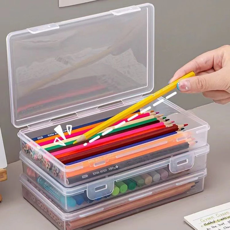 Boîte de rangement en plastique translucide de grande capacité, étui à crayons transparent empilable, boîte à stylos, fournitures de bureau, 1PC