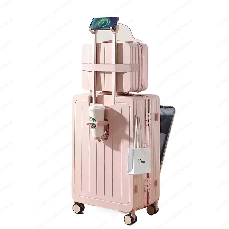 Front open suitcase Women's new small 20-inch boarding trolley case Multifunctional travel leather case