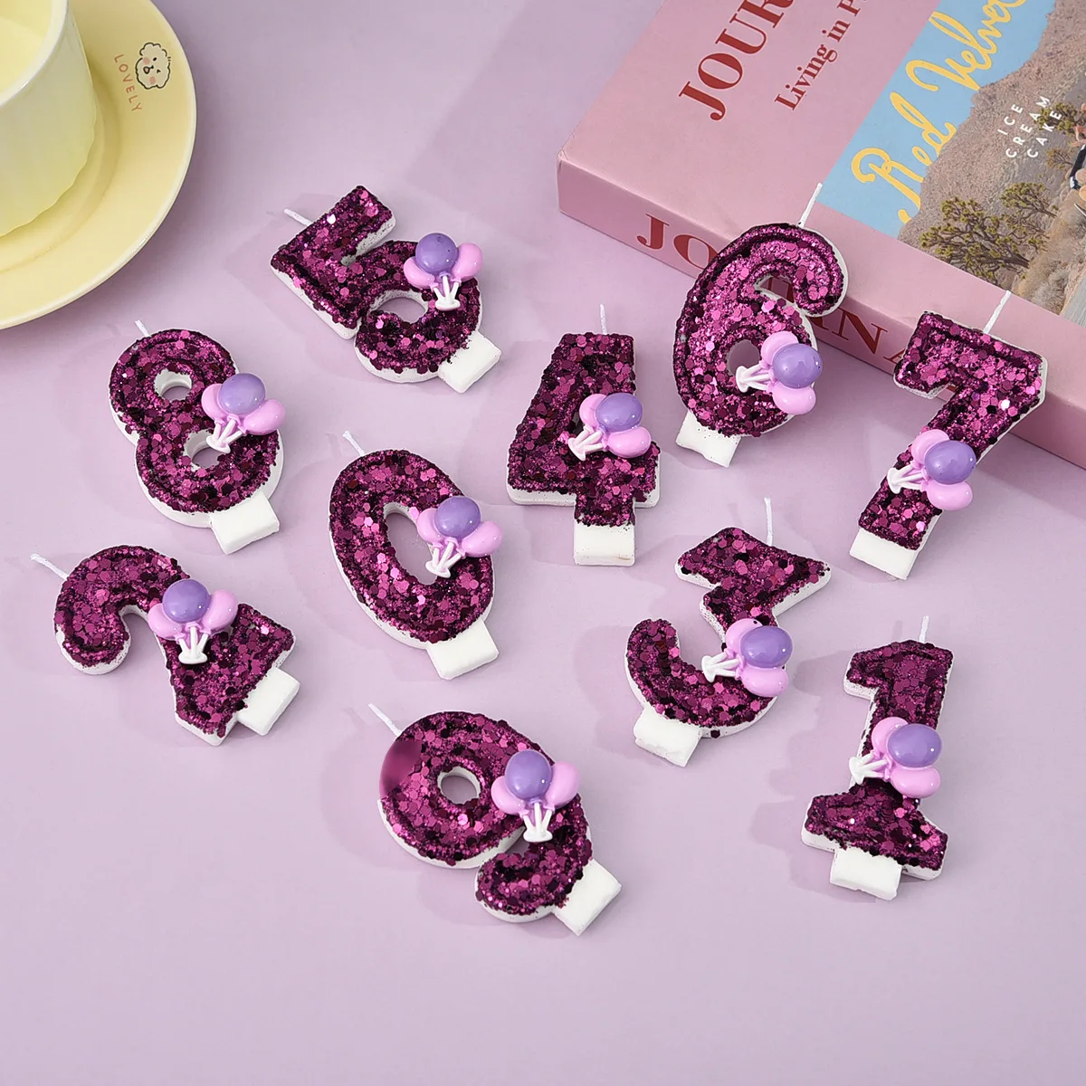Purple powder balloon sticker digital birthday candles, wine red candles, party gifts, birthday and anniversary candles