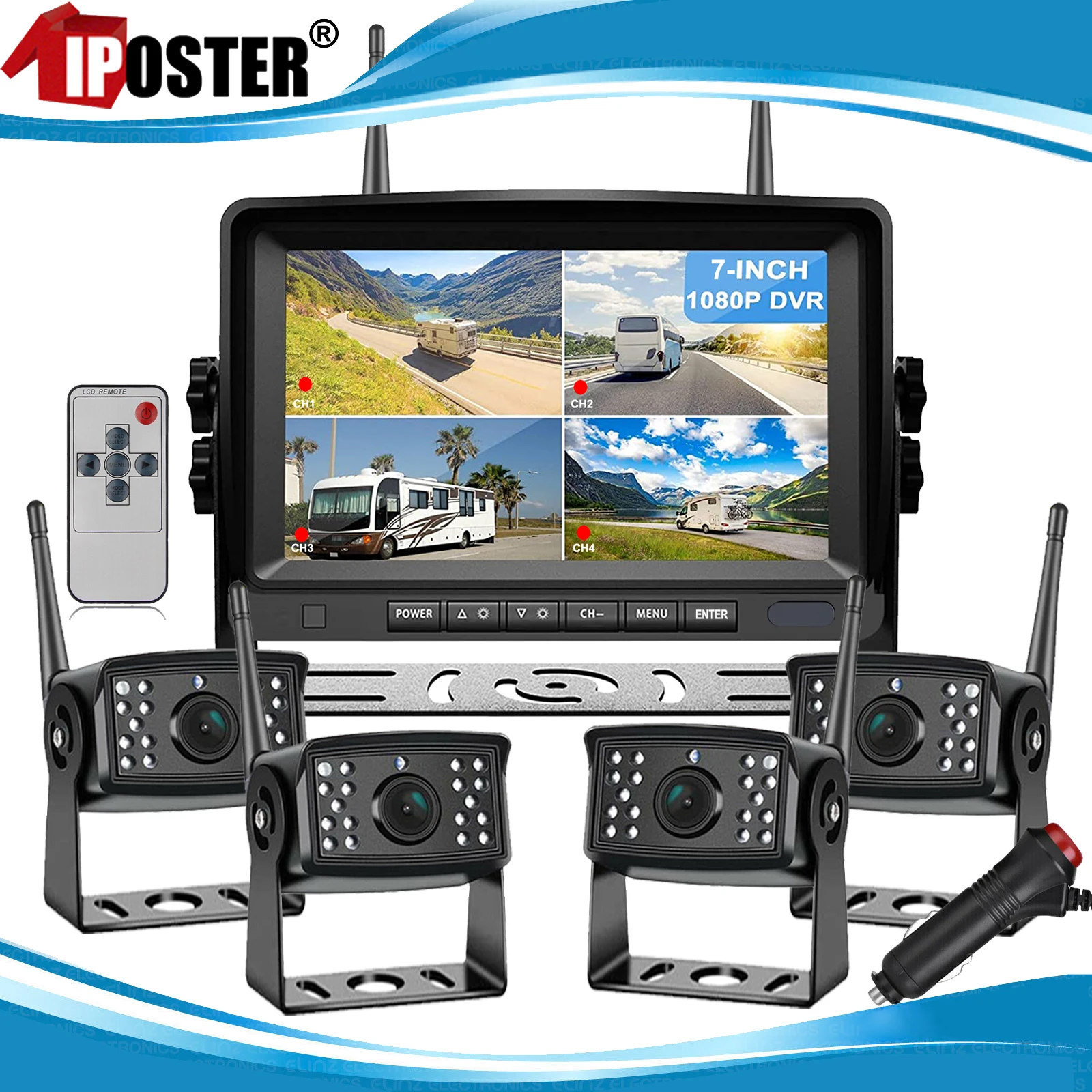 

iPoster 7 Inch Wireless Quad Monitor Built-in DVR Loop Recording+4x Reversing Backup Cameras 50-100m For Truck Bus Trailer