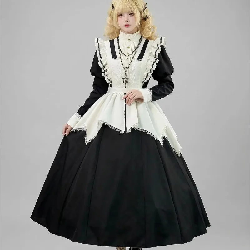 Image of Gotisches Vintage Langes Dienstmädchenkleid Lange Puffärmel Rüschen-Schürze Cosplay-Kostüm Themenparty Rollenspiel-Outfits für Frauen