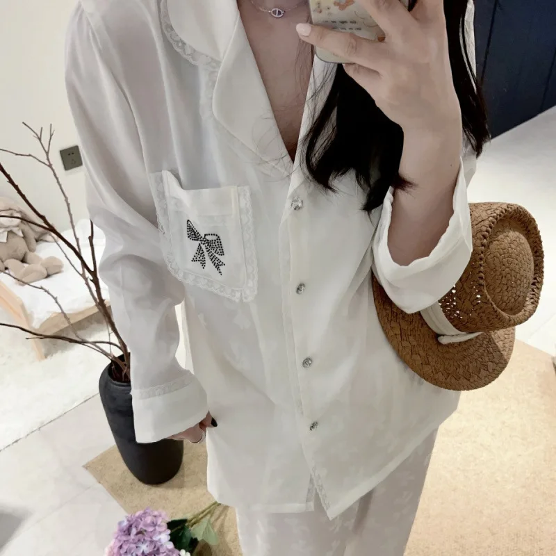 2025 Autumn Winter Elegant Rhinestone Bowknot Women Ice Silk Pajamas Two Piece Set Long Sleeve Pants Satin Nightgown Sleepwear