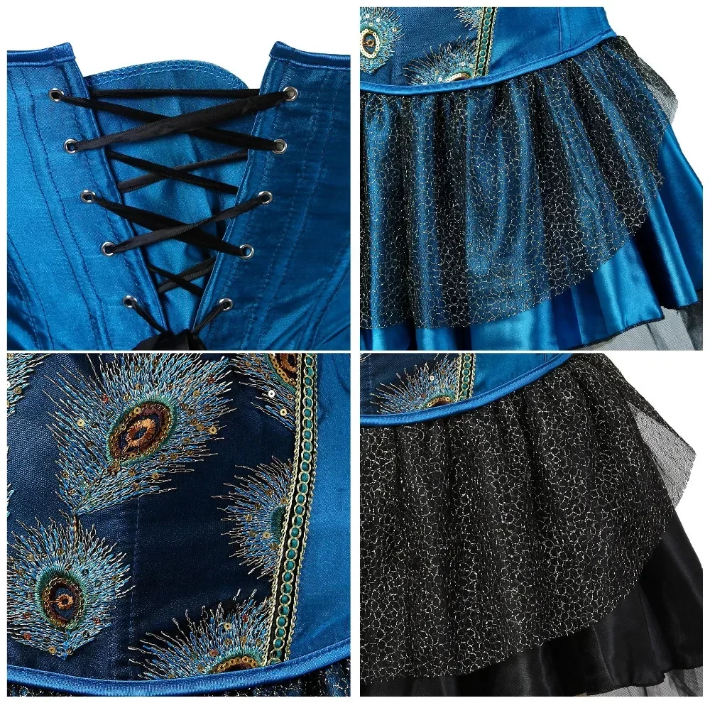 Gothic Corset Dress Steampunk Peacock Glitter Bustier Lace Up Corsage Tutu Burlesque Costume Carnival Party Outfit Plus Size view 6
