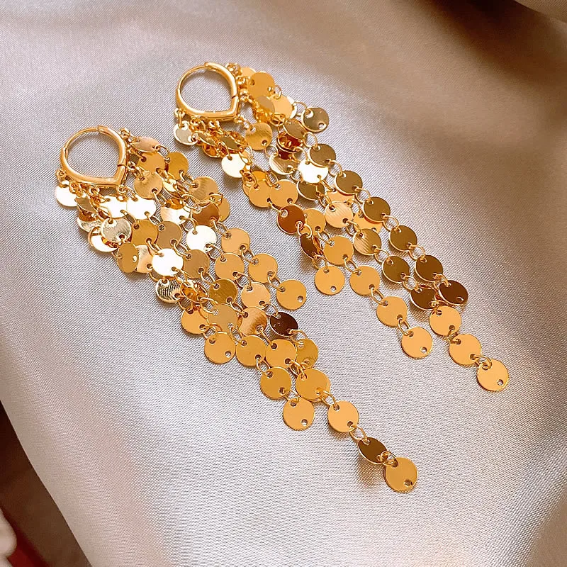 French new design fashion jewelry 14K gold electroplated long sequin tassel earrings elegant women's party accessories