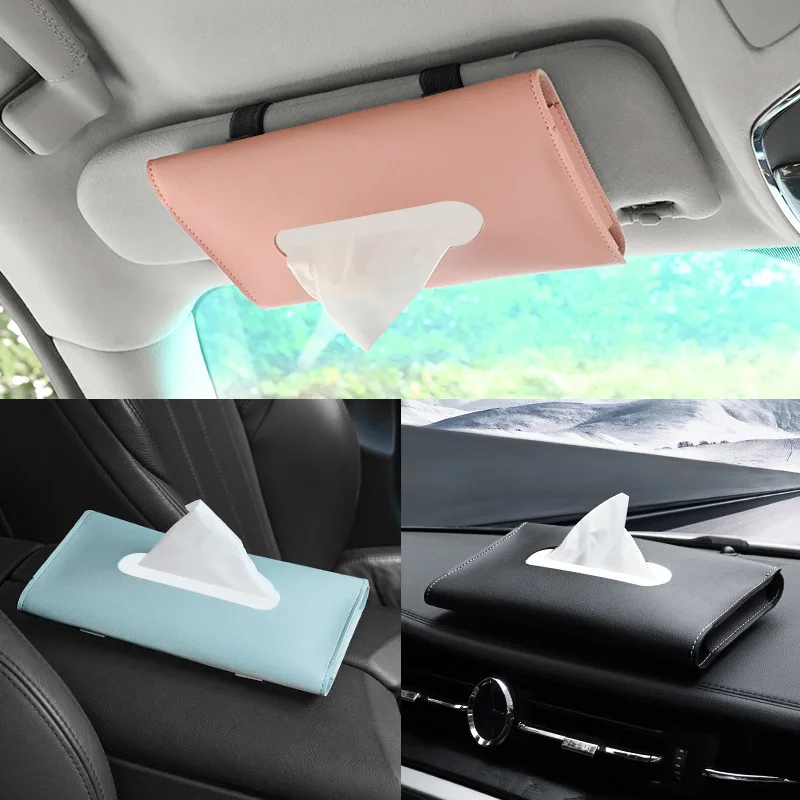 Leather Car Visor Tissue Holder Universal Sun Visor Paper Towel Dispenser with Elastic Strap for Car Accessories