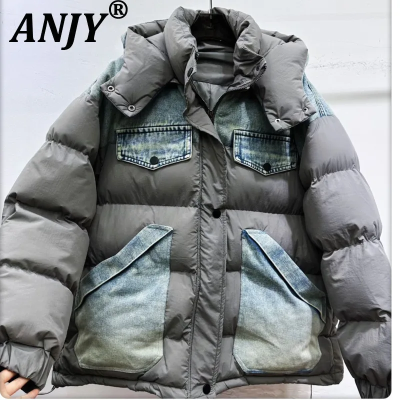 ANJY Winter New Women's European Fashion Street Hooded Padded Coat Personalized Patchwork Denim Large Pockets Down Jacket A15169