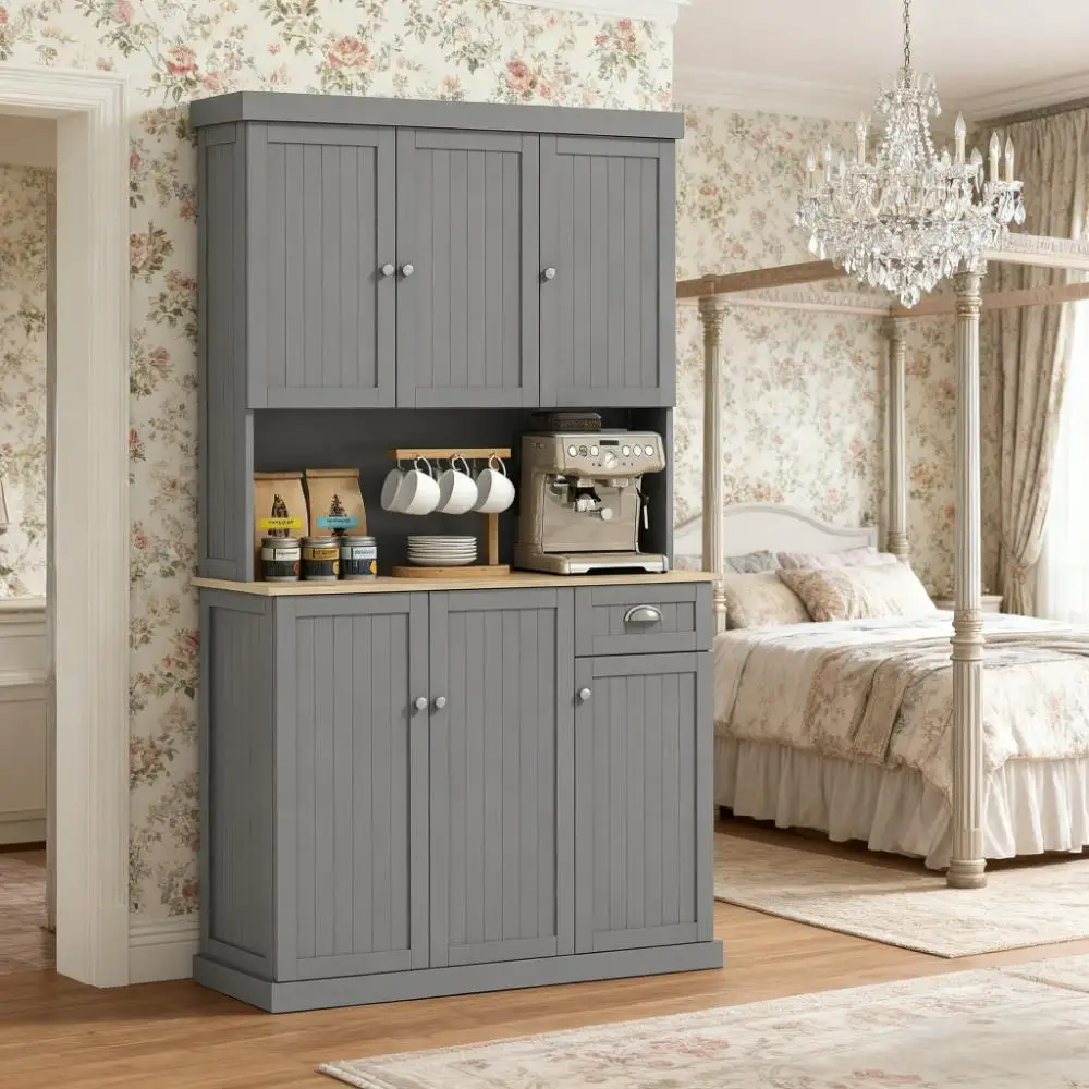 

Kitchen Buffet with Microwave Oven Countertop, Drawer, and Cupboard Modern Farmhouse Kitchen Pantry Storage Cabinet