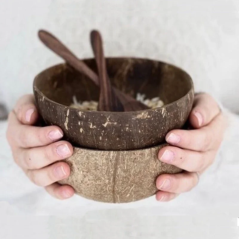 12-15cm Natural Coconut Bowl set wooden Salad Ramen bowl Coconut Wood Spoon Set coco smoothie Kitchen tableware Coconut bowl