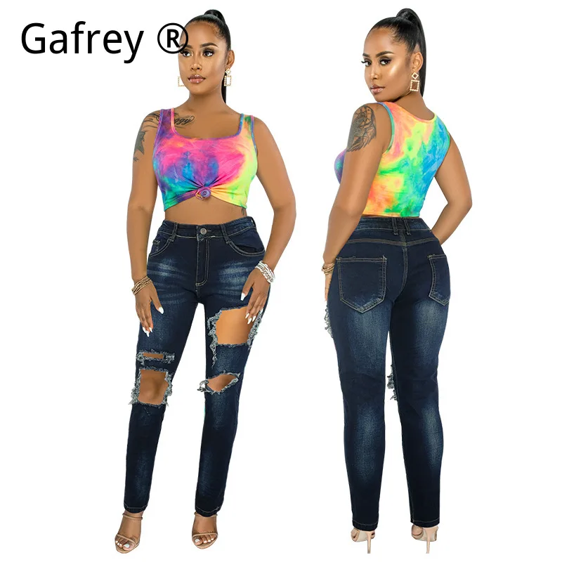 Women's Sexy Ripped Distressed Jeans Washed High Waist Drawstring Denim Pants Skinny Stretch Trousers Summer Streetwear Bottoms