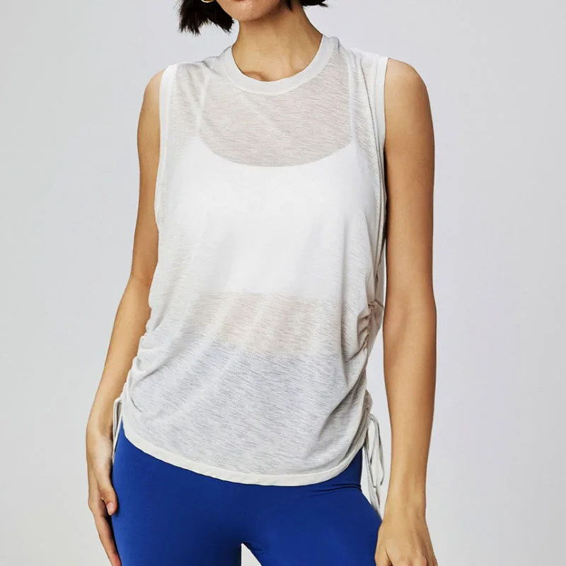 Aiithuug Ruched Side Crew Neck Workout Tanks Loose Casual Sports Top Drawstring Gym Top Yoga Cover Up Sleeveless Mesh Breathable
