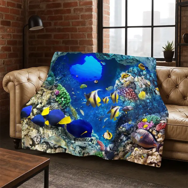 3D Illusion Underwater World Marine Life Shark Dolphin Cartoon Flannel Blanket Throw Blanket for Bedroom Living Room Bed Travel