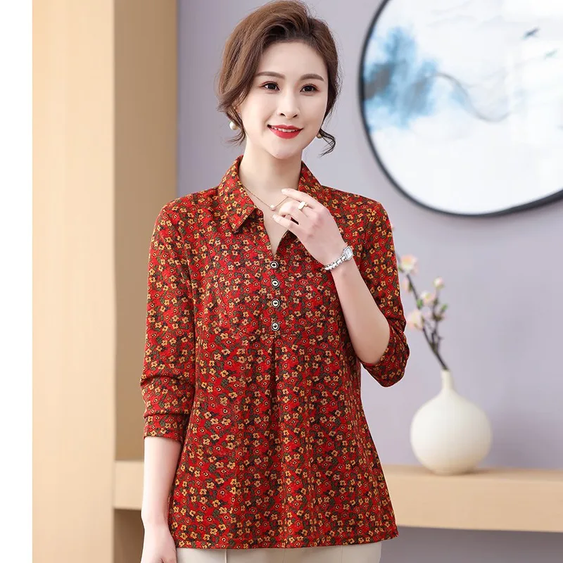 Elegant Female Clothing Vintage Broken Flowers Shirt Casual Folds Spliced Spring Autumn Polo-Neck Buckle Midi Blouse