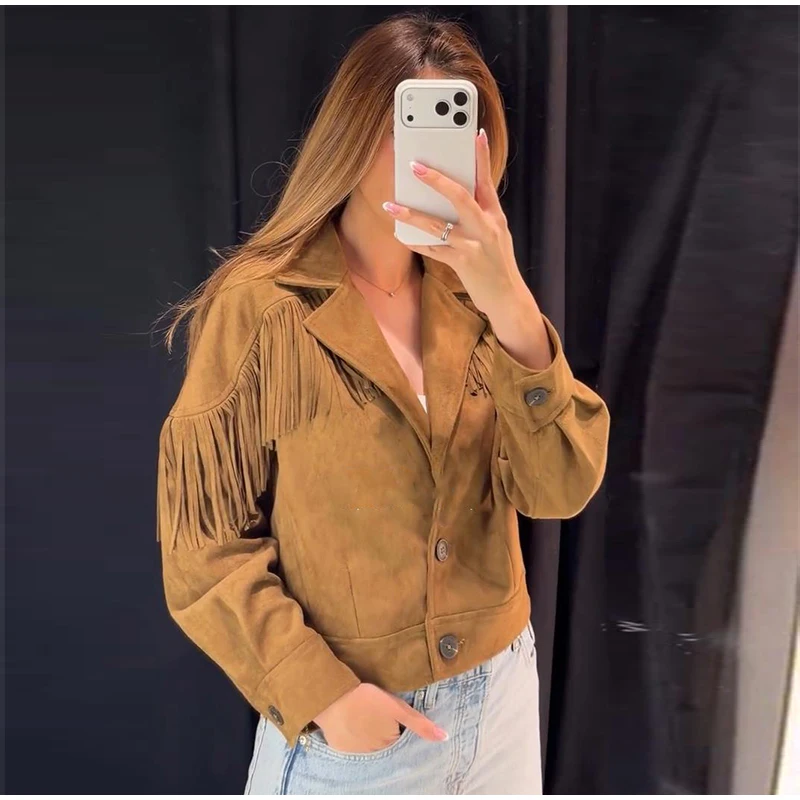 Damen-Wildlederjacken mit Übergroßem Revers und Quasten, Einreihige Kurze Mäntel, Herbst-Damenjacke mit Langen Ärmeln, Neue Oberbekleidung – Detail 13