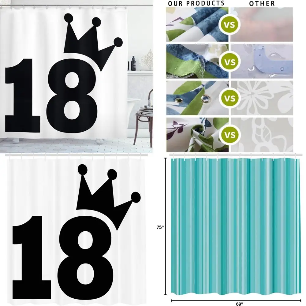 

soccer-themed 18th birthday shower curtain, bold number 18 art print, playful sports jersey design, fabric bath decor
