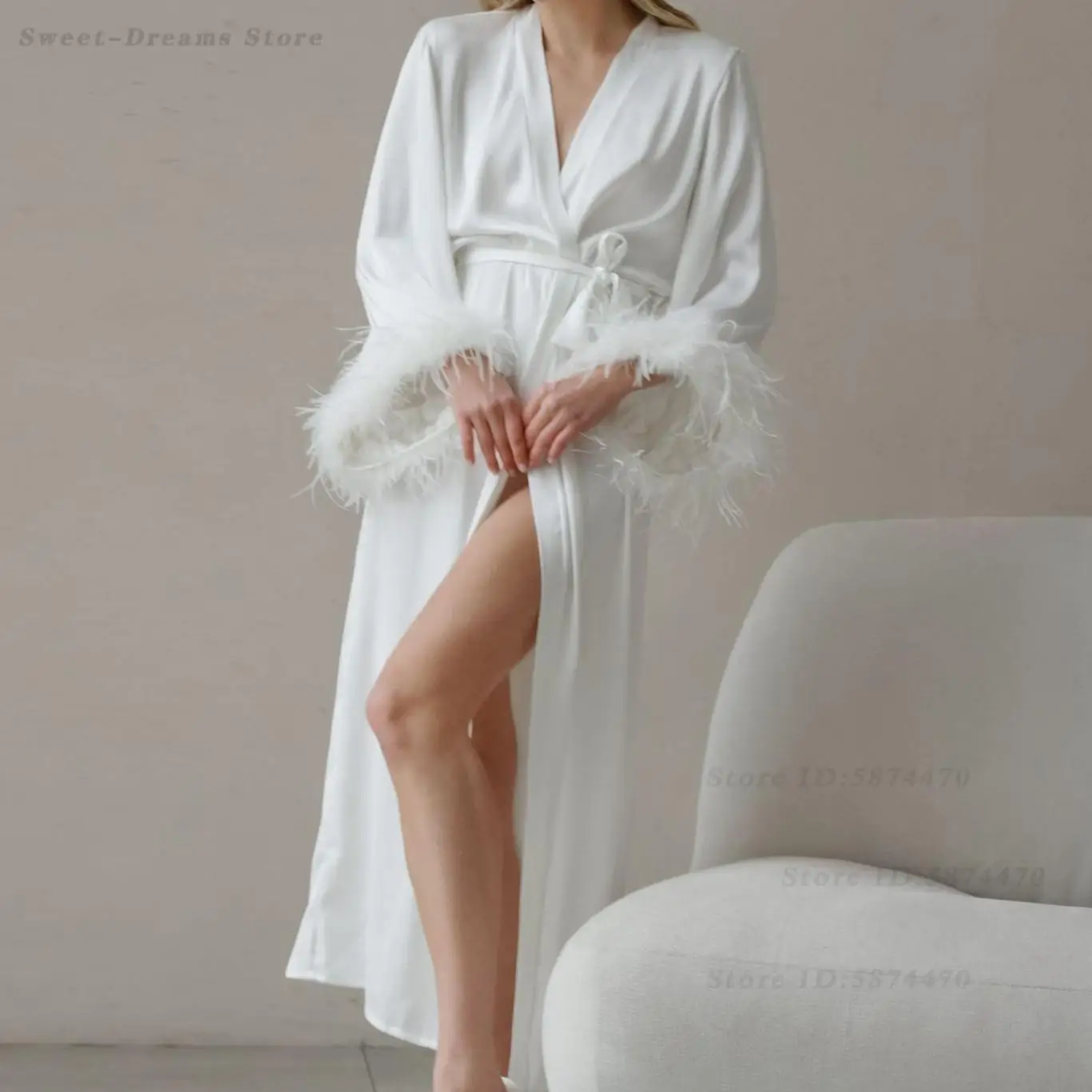 

White Feather Robe Long Sleeve Silky Satin Bathrobe Kimono Bridal Morning Gown Home Clothes Sexy Lingerie Night Wear Loungewear