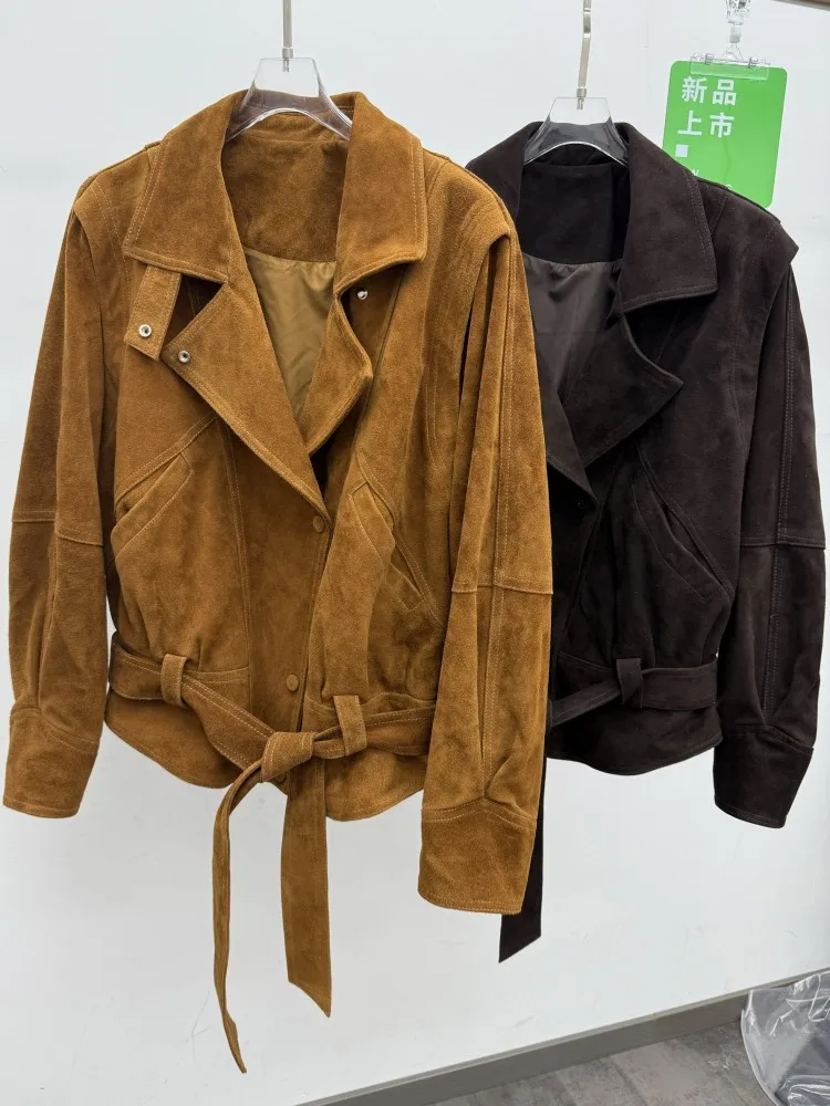 Retro Female Turn-Down Collar Genuine Leather Short Jacket Long Sleeves Single Breasted Coats Solid Color Sheepskin Outwear