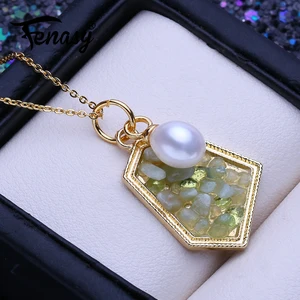 FENASY Natural Freshwater Pearl Pendant Necklaces For Women Girls Fashion Gold Color Geometric Pendant Birthday Gifts