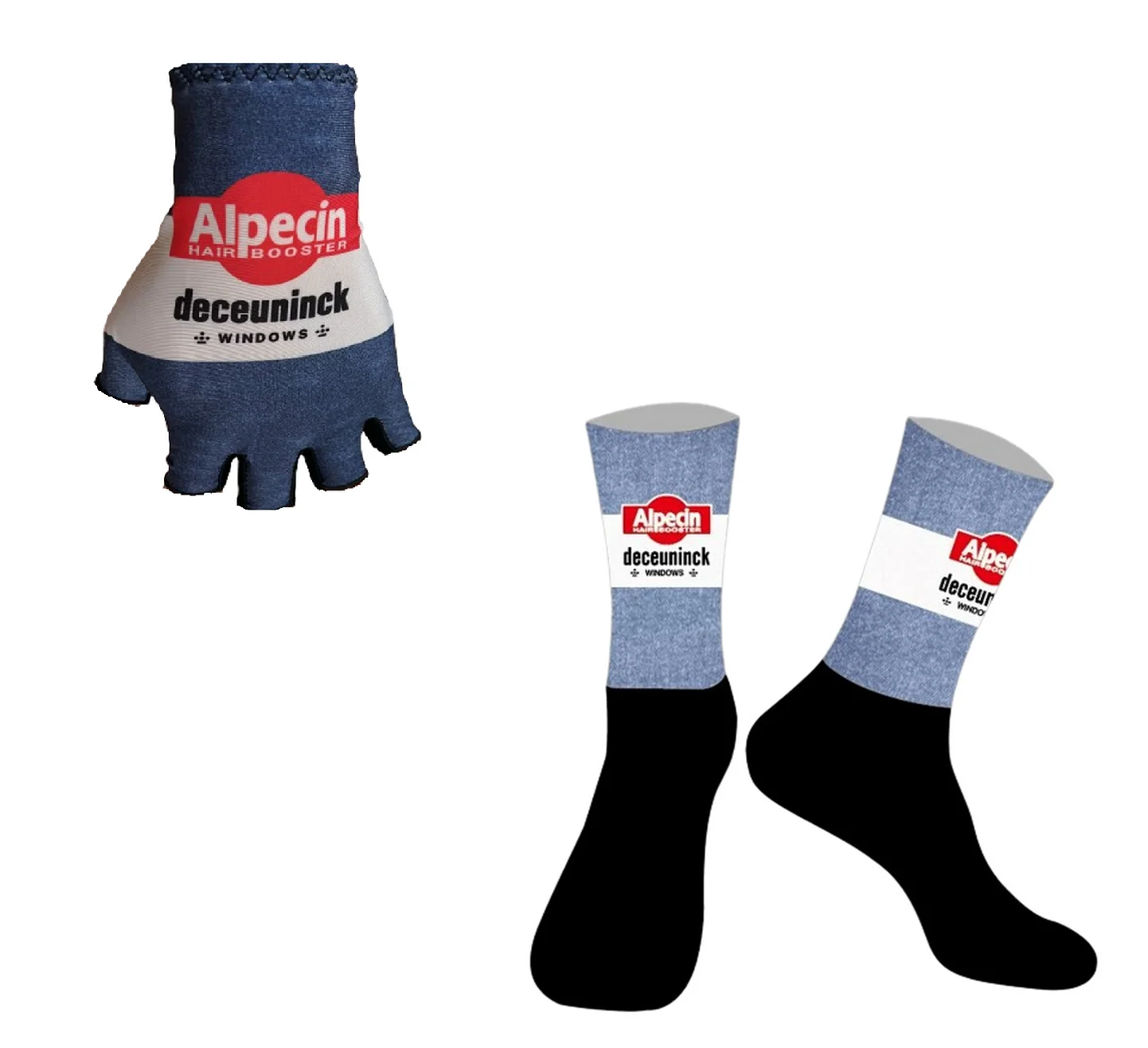 2024 ALPECIN DECEUNINCK TEAM DENIM One Pair Half Finger Cycling Gloves + ONE PAIR CYCLING SOCKS