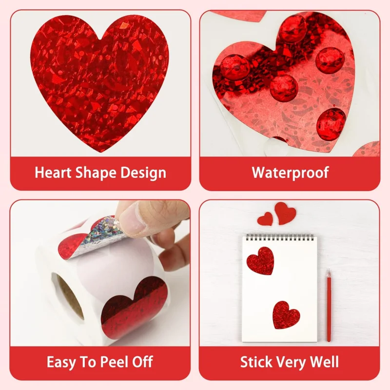 Heart Stickers - 500Pcs Valentines Day Heart Stickers, Glitter Red Heart Shaped Sticker for Envelope Seal Birthday Wedding view 3