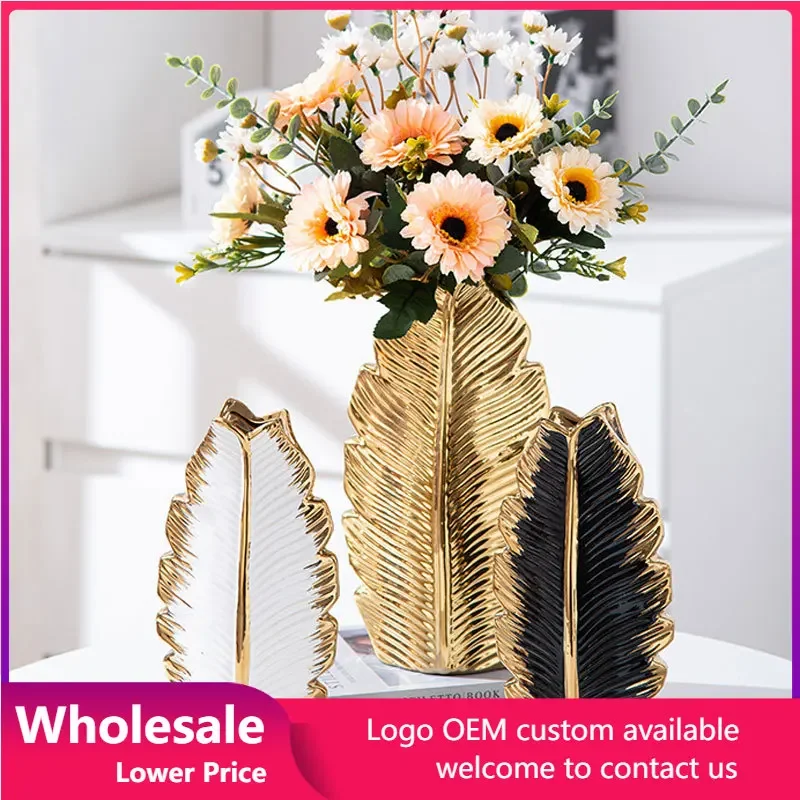 

Nordic Ceramic Vase Black Gold Plating Leaf Shape Ornaments Flower Organizer Modern Simple TV Cabinet Home Decoration Vase