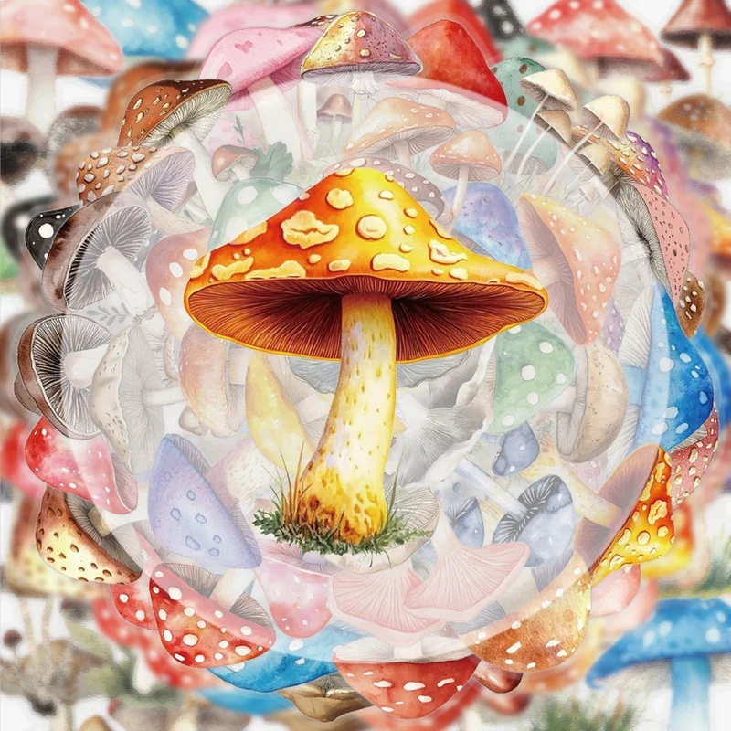 50 Transparent Mushroom Stickers, Vibrant Stickers and Decals, Multiple Styles Without Duplication, Suitable for Water Bottles, Laptops, Suitcases, Skateboards, Guitars, Party Decorations