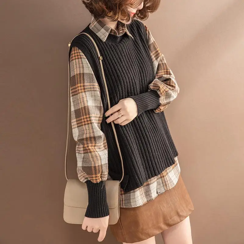 Autumn Winter Women Vintage Plaid Polo Shirts Knit Vest Two-piece Suits Top Lady Falls Casual Sleeveless Sweater Blouse Outfits