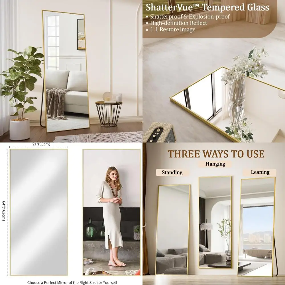アルミフレーム全身鏡 64x21インチ、自立式または壁掛け式、家庭用大型姿見