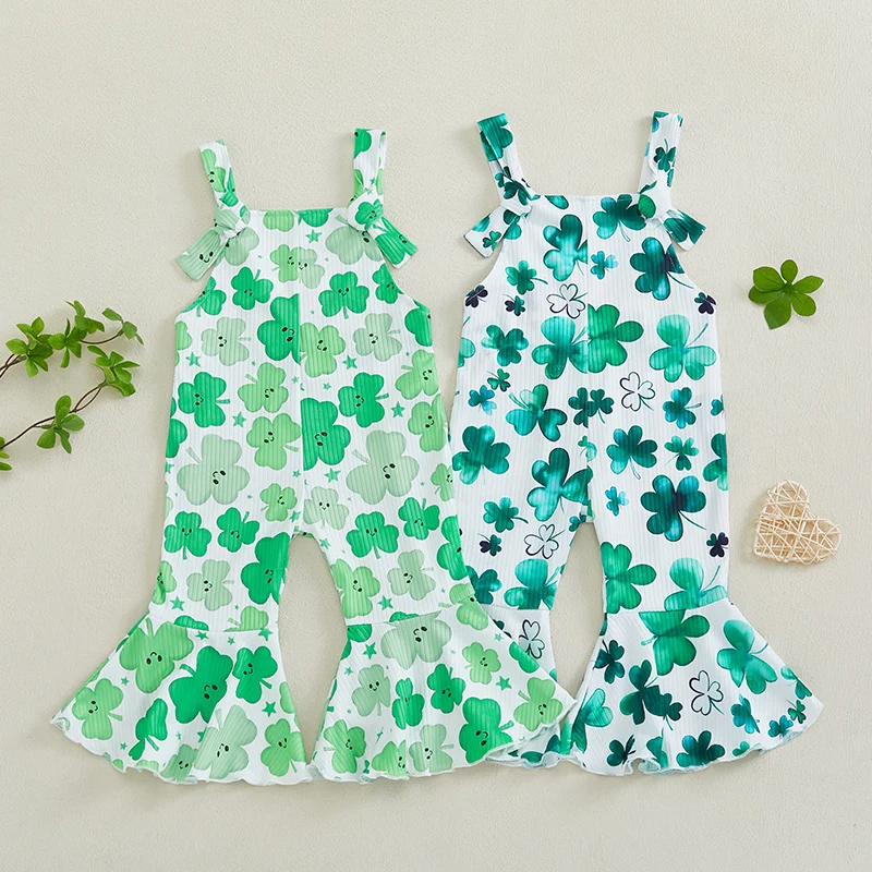 Toddler Girl Bell-Bottom Jumpsuit Clover Print Square Neck Knotted Ribbed Flare Pants Overalls Baby Irish Clothes