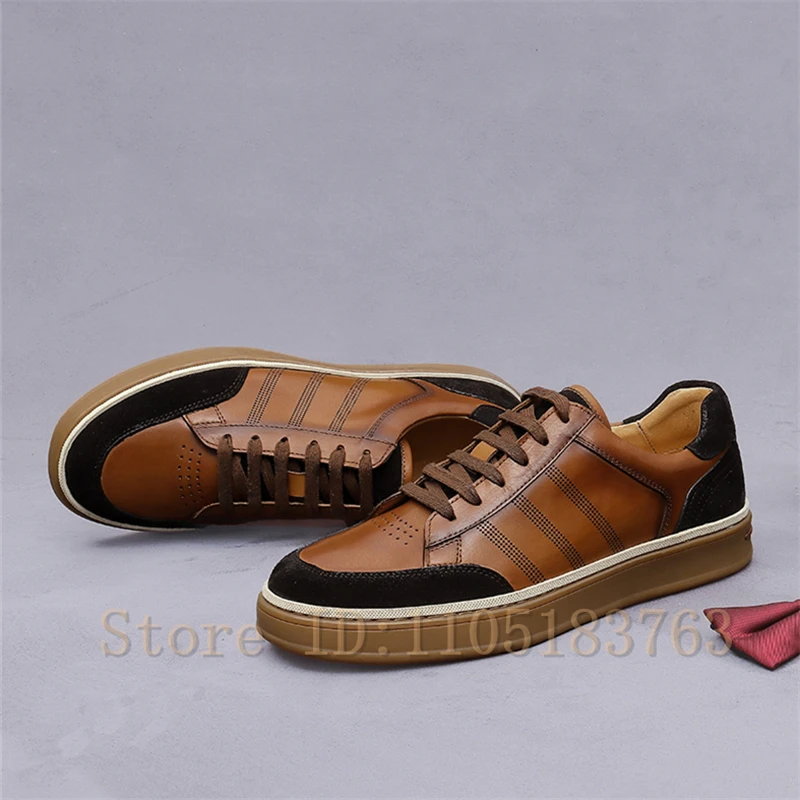 Men Retro Genuine Leather Casual Sneakers Brown Black Color Block Lace Up Flat Skate Shoes Classic Business Daily Walking Shoes