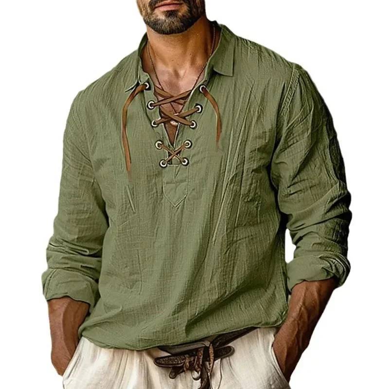 New Men's Casual Long Sleeve Shirt Fashion Solid Color V-neck Lace-up Cotton Blended Breathable Comfortable Pullover T-shirt.