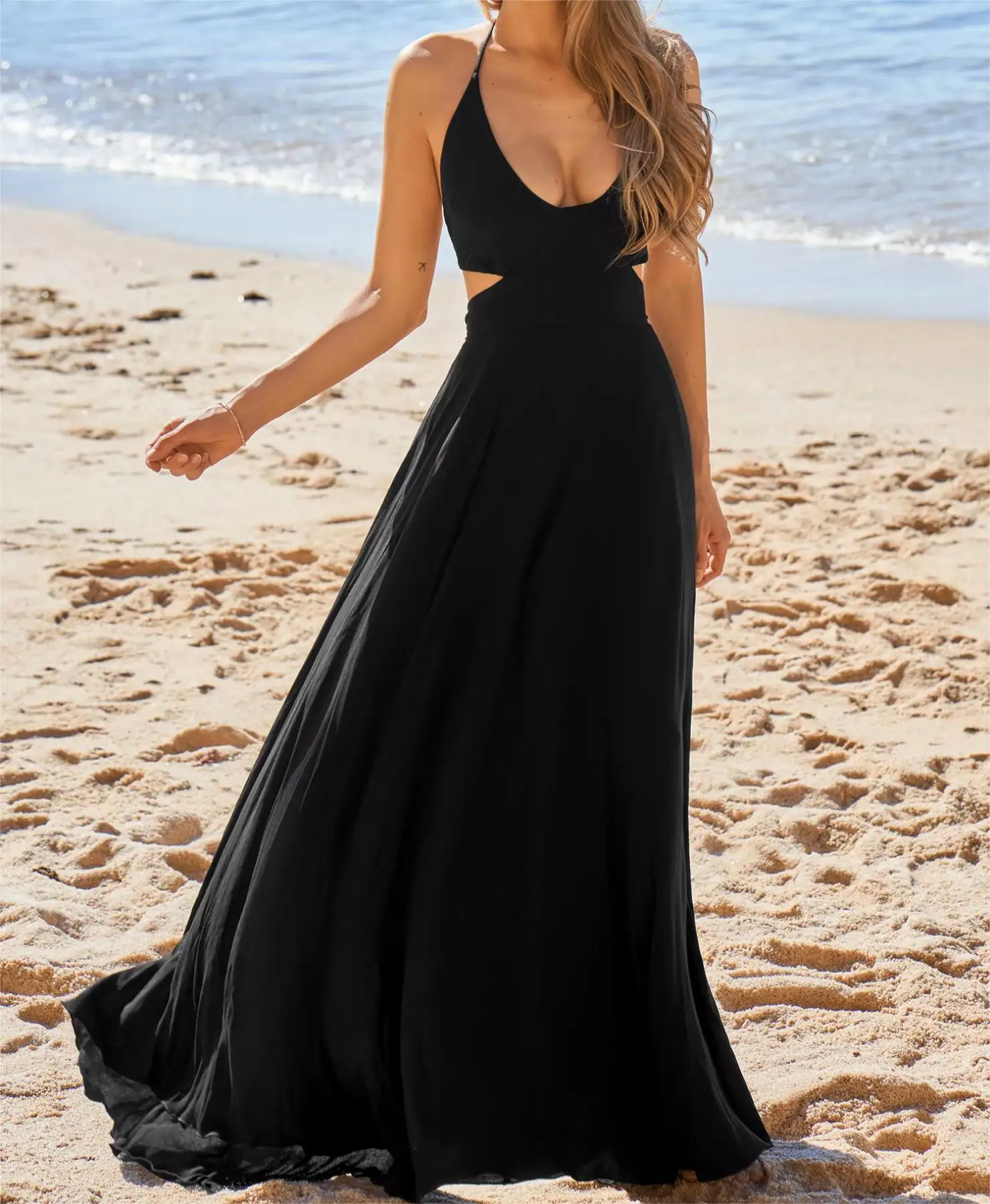 Women's solid color backless halter dress, bohemian style sleeveless tie-back A-line dress, perfect for beach vacations, suitabl