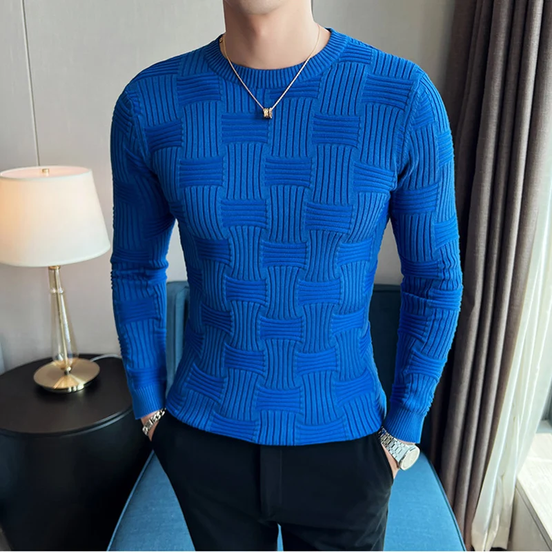 Autumn Winter New Crew Neck Knitted Sweater Mens Long Sleeved Knitted Floral Pullover Korean Slim Fit Warm T Shirt Sweater Homme