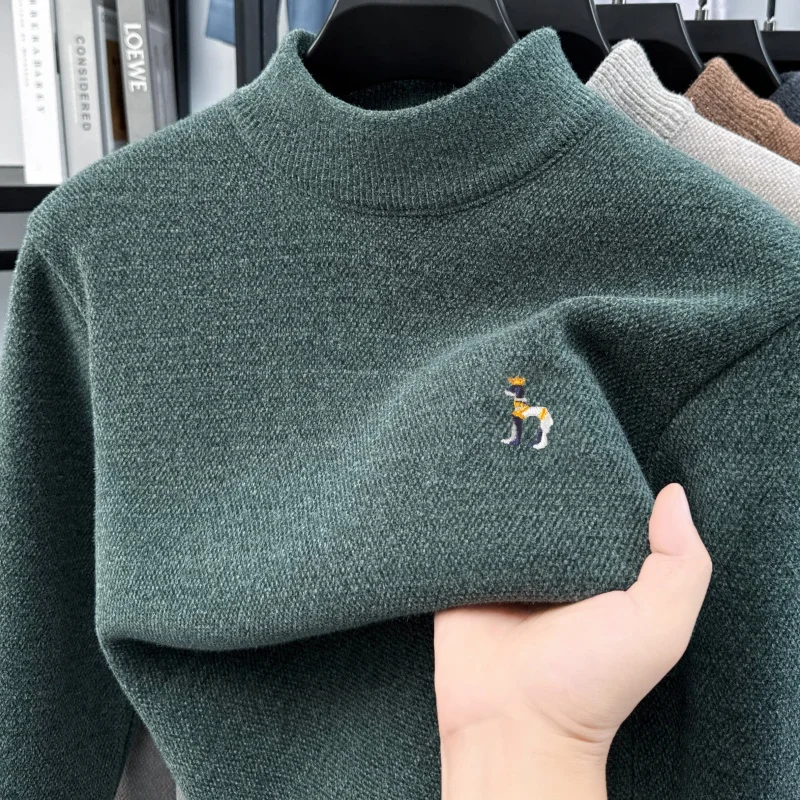 

High Quality Spring Man New Long-Sleeved Sweater Fleece-Lined Thickened Mock Neck Embroidery Hot Knitwear Leisure Warm Mens Wear