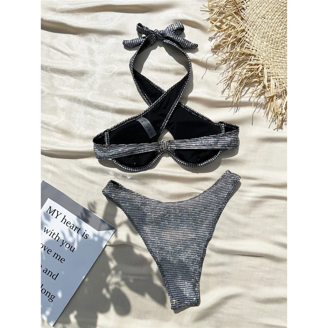 Neuer kariertes, mit Bügel verstärkter, halterneckiger brasilianischer Bikini, Damen-Badebekleidung, zweiteiliger Bikini-Set, Badeanzug, Badebekleidung, Schwimmbekleidung V4668 – Detail 10