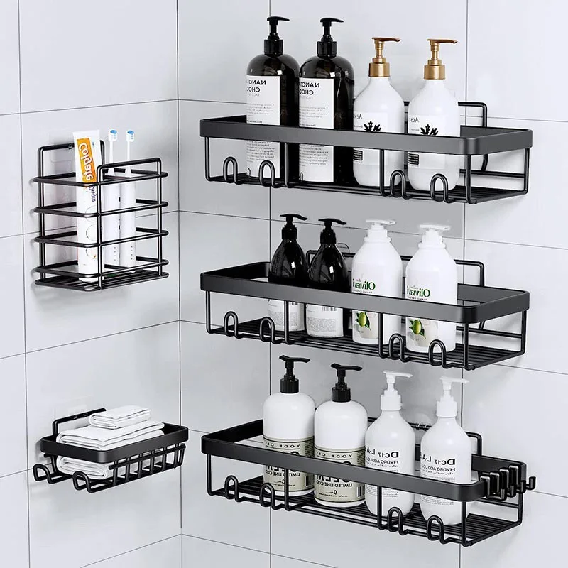 Multi-functional Shower Caddy With Hooks Wall Mounted Storage Rack Self Adhesive Bathroom Hanging Shelf Stainless Steel Storage