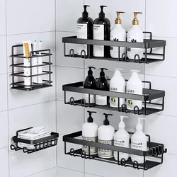 Multi-functional Shower Caddy With Hooks Wall Mounted Storage Rack Self Adhesive Bathroom Hanging Shelf Stainless Steel Storage
