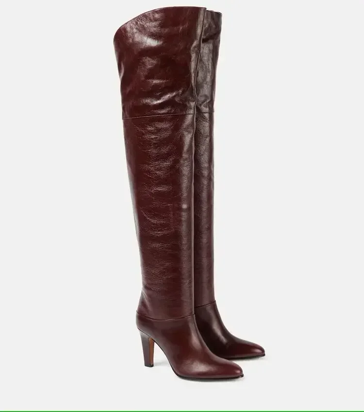 Women\'s Leather Knee High Boots Autumn and Winter Round Toe Thick High Heels 34-46 Plus Size Fashionable Women\'s Thigh Boots