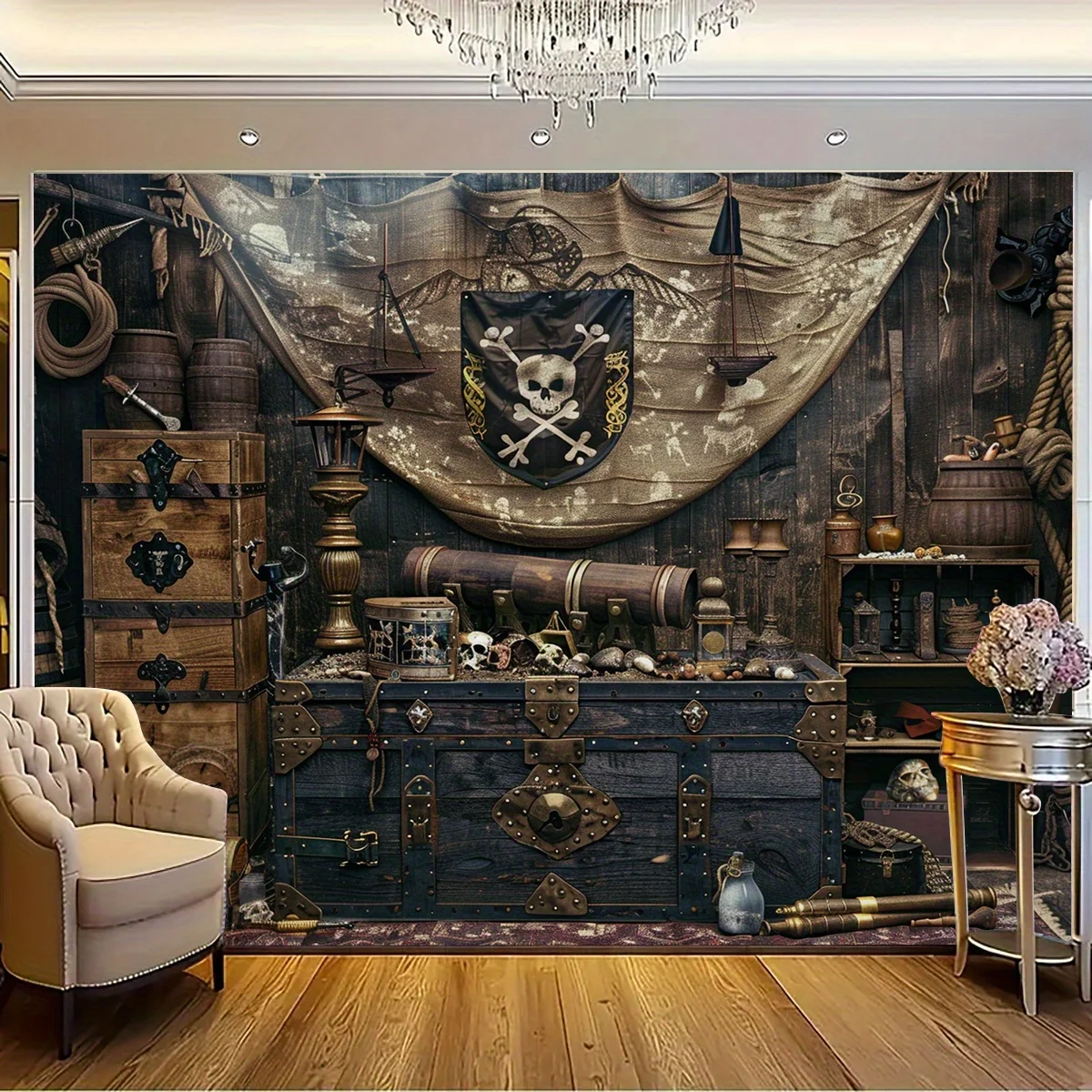 Pirate Party Treasure map background cloth, durable polyester, steering wheel design, suitable for birthdays and events