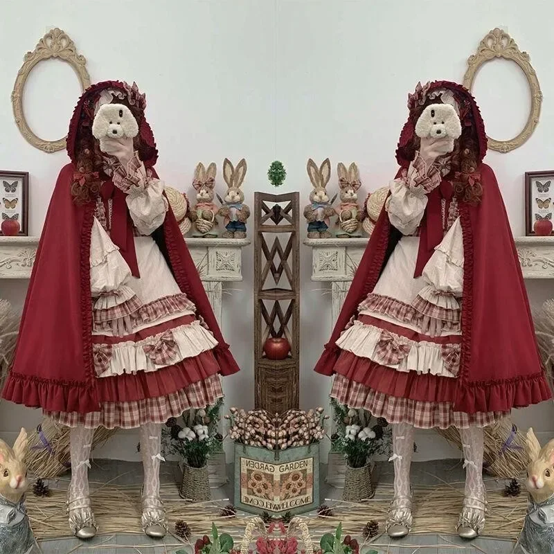 M-4XL Autumn Winter Berry Girl Lolita OP Dress Red Hooded Cloak Long Sleeve Dress Ruffle Edge Splice Dress