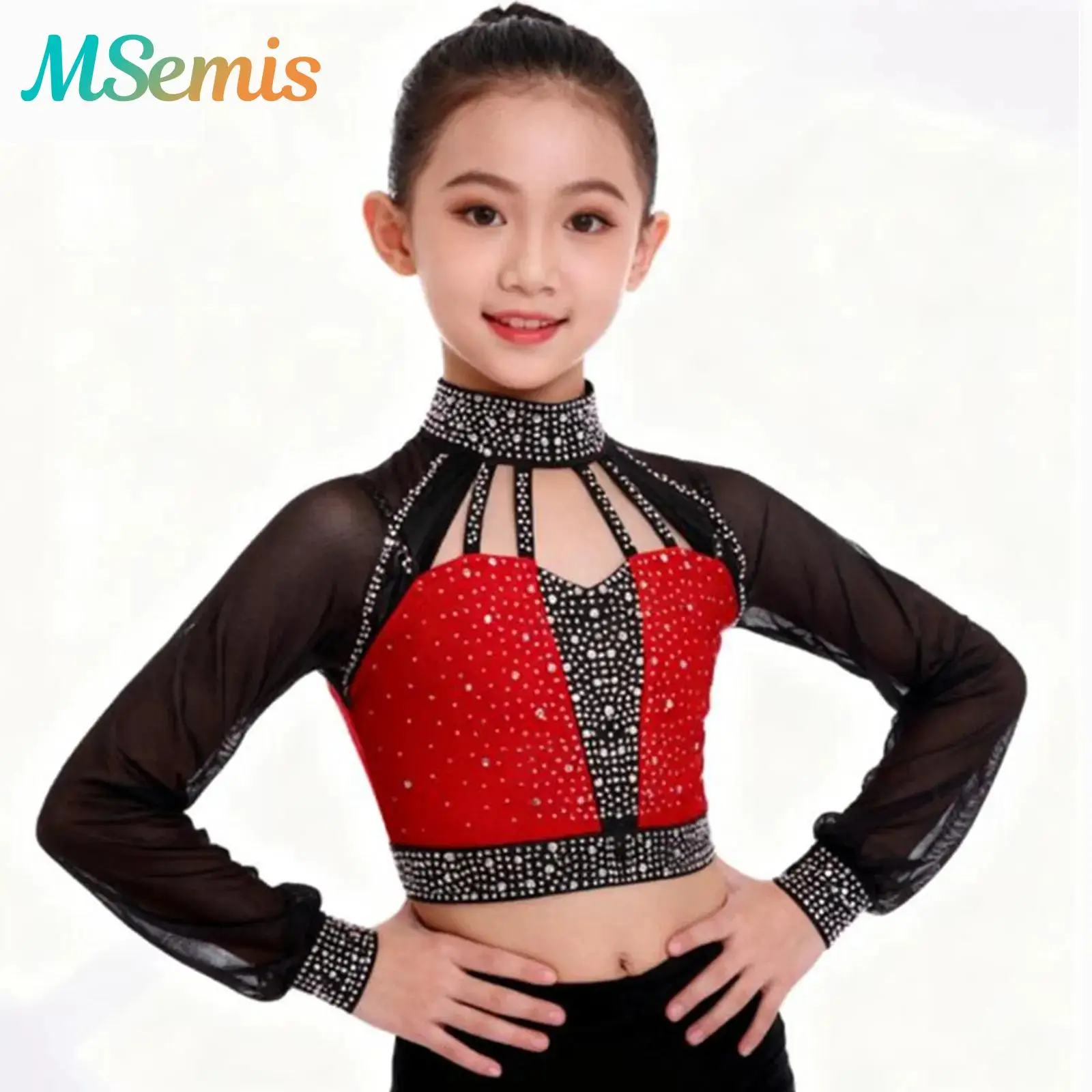 

Kids Girls Shiny Rhinestones Dance Crop Top Sheer Mesh Strappy Ballet Dance Top Gymnastics Figure Skating Performance Costume