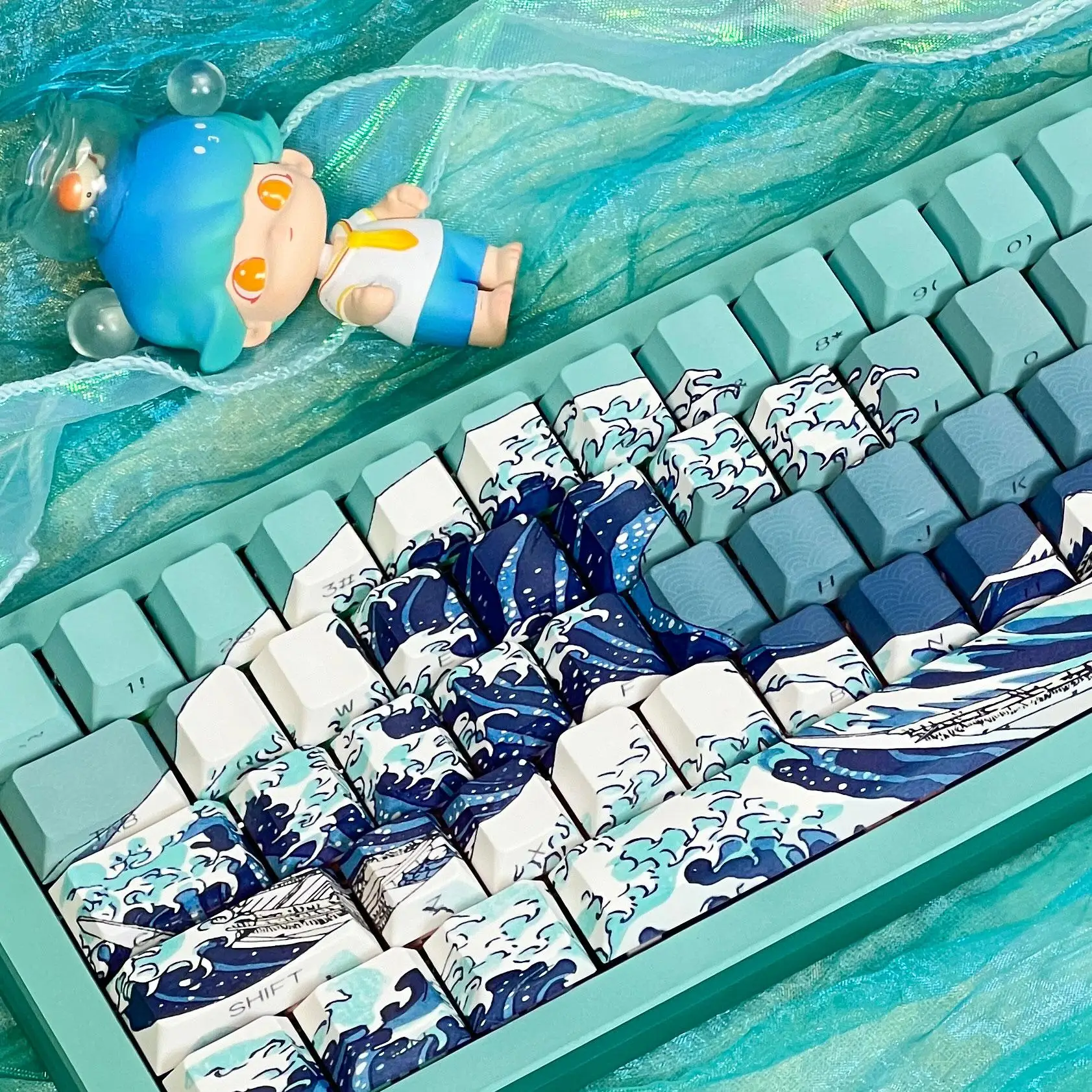 

125 Keys Blue Coral Sea Dye Sub PBT Keycaps Cherry Profile Top/Side Printed RGB Backlit Keycaps for Cherry MX Swtches Keyboard